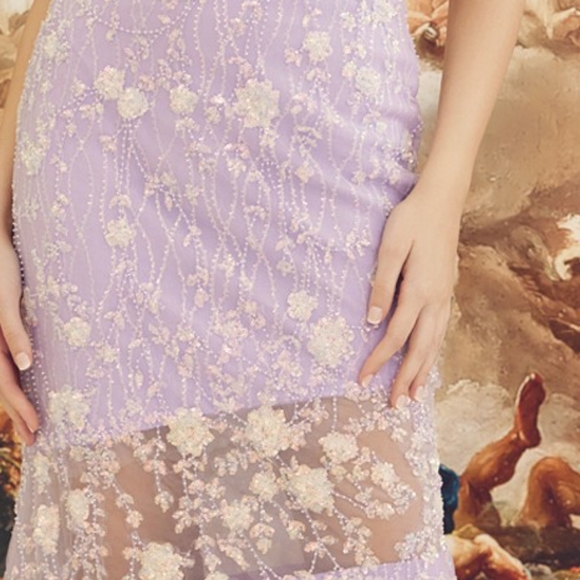 New long purple lilac floral embellished floor length sleeveless lace up open - Picture 3 of 10